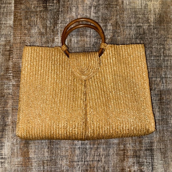 Old Navy Straw Purse with Wooden Handle, Sequin Closure, vintage item - Picture 4 of 5